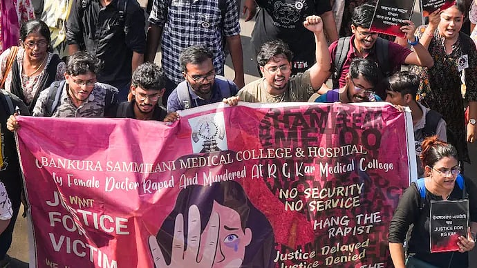 | Photo: PTI : Protest in Kolkata seeking justice for the recent rape and murder of a doctor at RG Kar Hospital